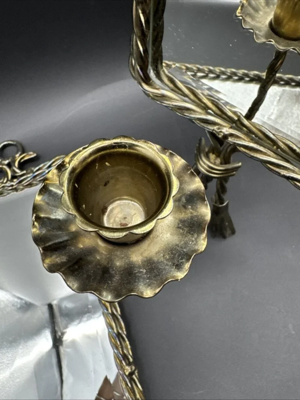 Vtg Midcentury French Gold Twisted Metal Rope Tassel Mirrored Candle Sconce Pair